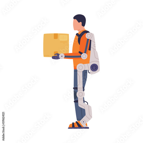 Man in Robotic Exoskeleton Costume Holding Parcel Box as Future Technology Device Vector Illustration