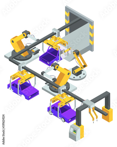 Car production line. Automatic factory isometric manufacture