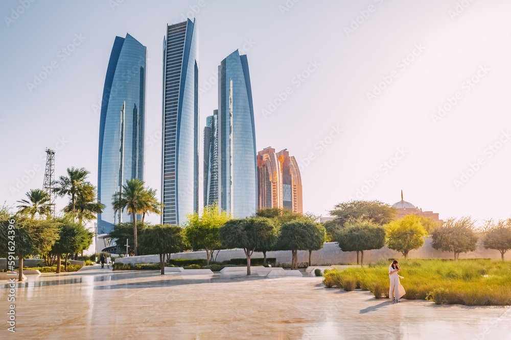 Towers skyscrapers with hotels and office and residential buildings in Abu Dhabi city, UAE. Real estate and landmarks
