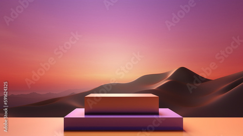 3D podium display. Product presentation stand and advertising scene. Display with a deep, rich purple surface. The display is set against a dramatic sunset sky.