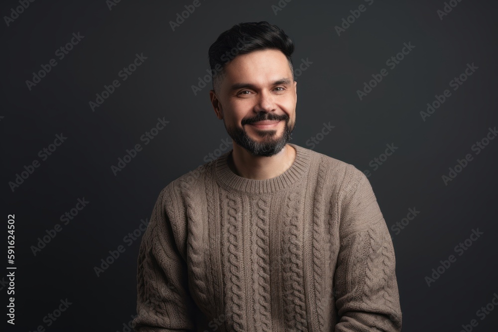 Portrait of a young bearded man in a sweater on a dark background