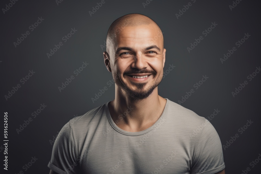 Fototapeta premium Portrait of a bald man in a gray t-shirt on a dark background