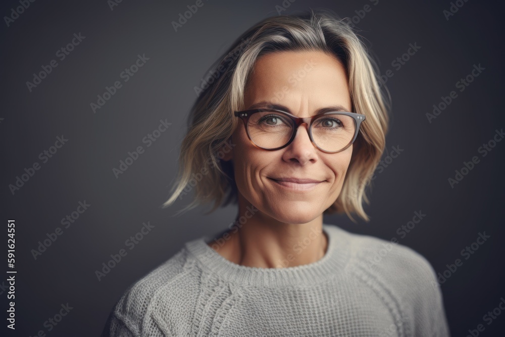 Fototapeta premium Portrait of a beautiful middle-aged woman wearing glasses and a sweater on a gray background