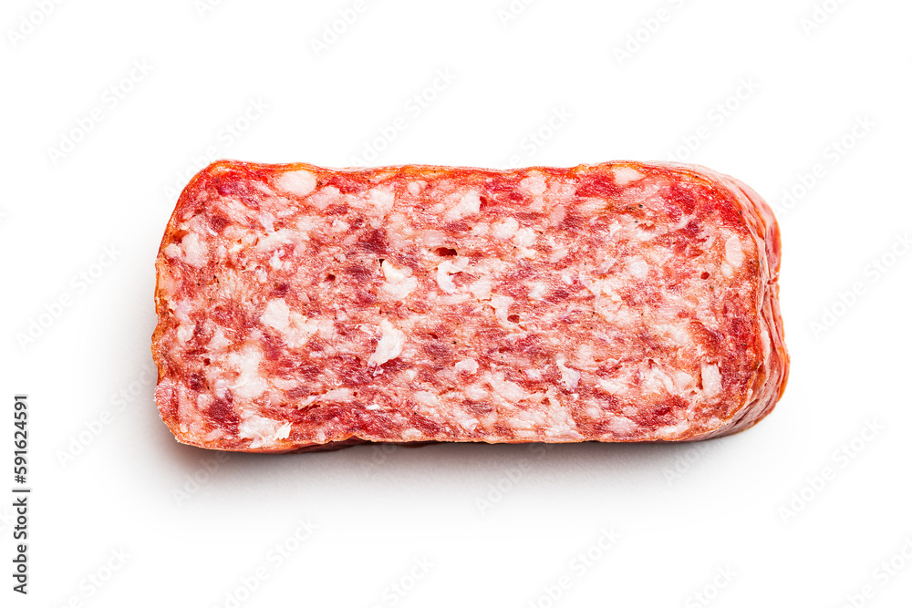 Smoked .sausage. Sliced salami isolatd on white background.