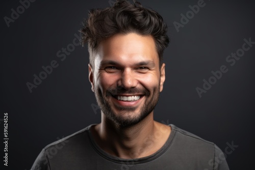 Portrait of a happy young man on a black background. Close-up.