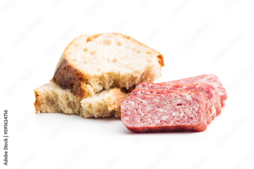 Smoked sausage. Sliced salami and bread isolatd on white background. Smoked sausage. Sliced salami and bread isolatd on white background.