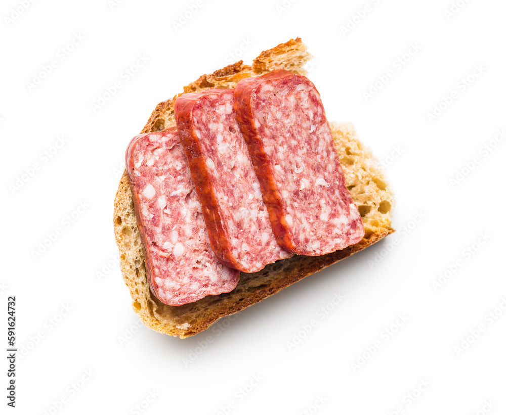 Smoked sausage. Sliced salami and bread isolatd on white background. Smoked sausage. Sliced salami and bread isolatd on white background.