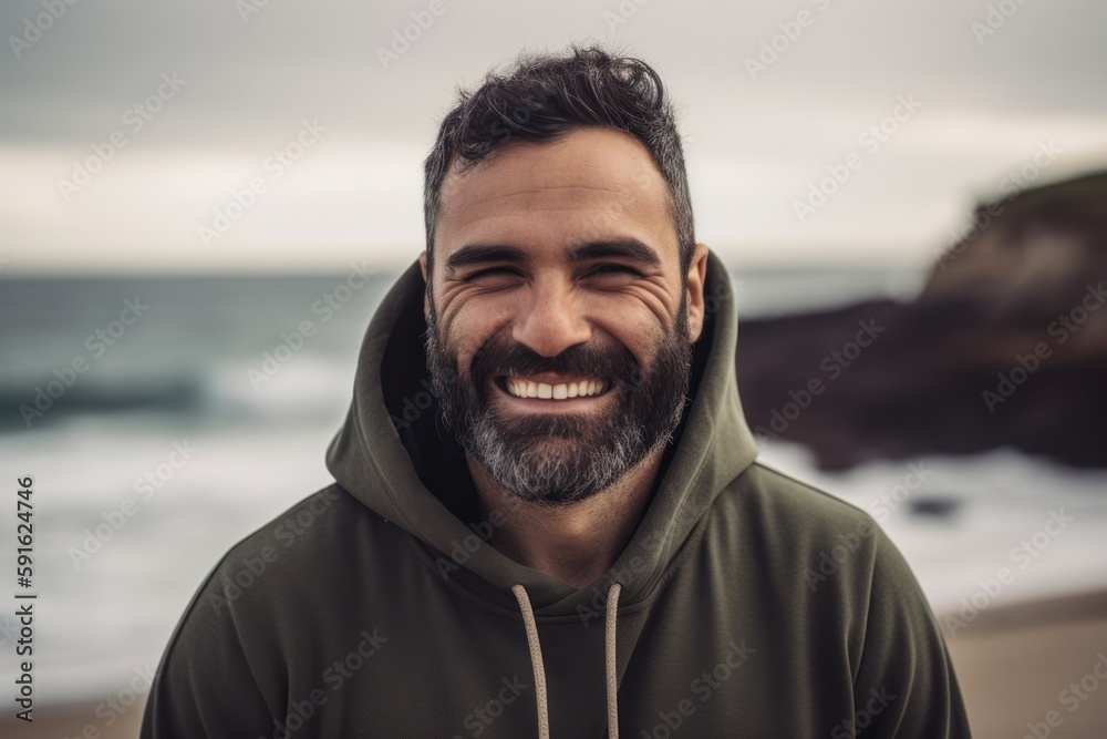 Portrait of smiling man in hoodie looking at camera on beach Portrait of smiling man in hoodie looking at camera on beach