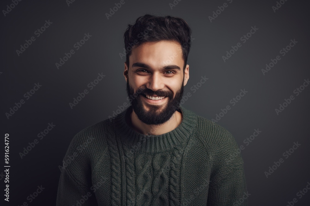 Portrait of a handsome bearded man in a green sweater on a dark background