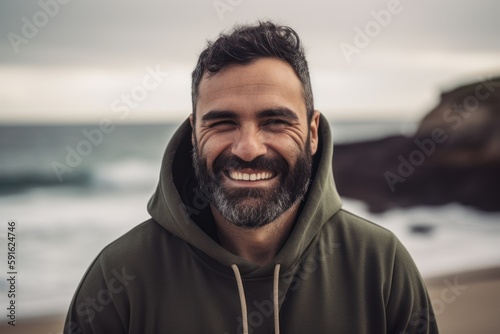 Portrait of smiling man in hoodie looking at camera on beach
