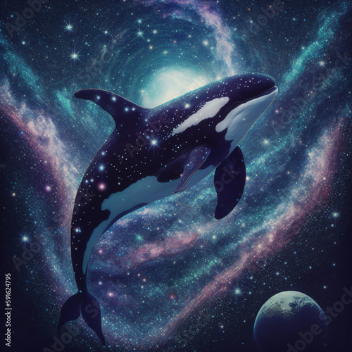 a cosmic orca whale swimming through space, a surreal killer whale in space, a spirit animal © GS Edwards Studio