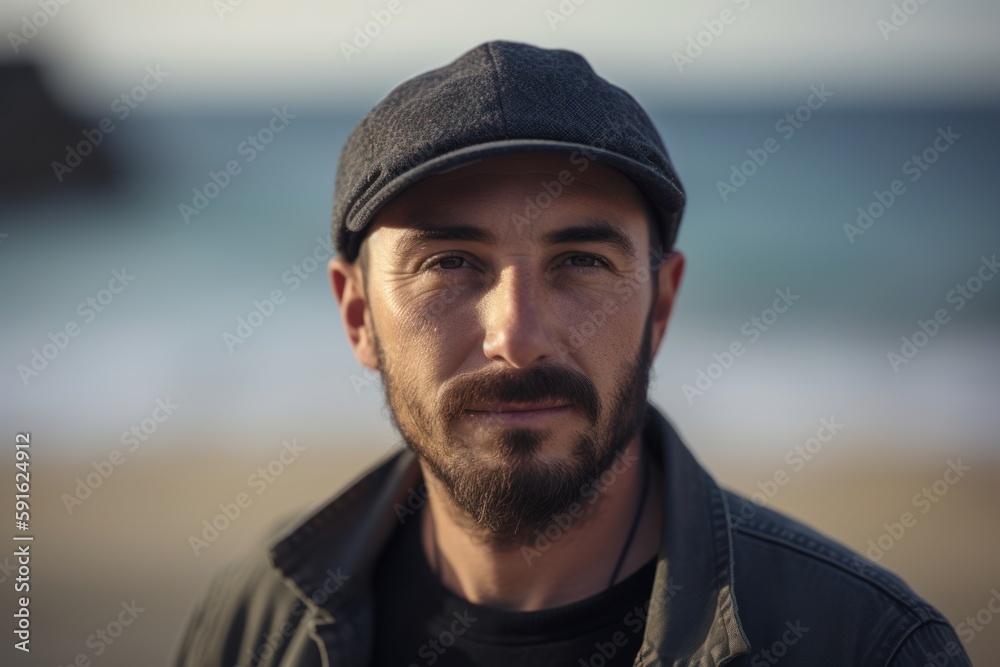 Portrait of handsome man with cap standing on beach at the day time Portrait of handsome man with cap standing on beach at the day time