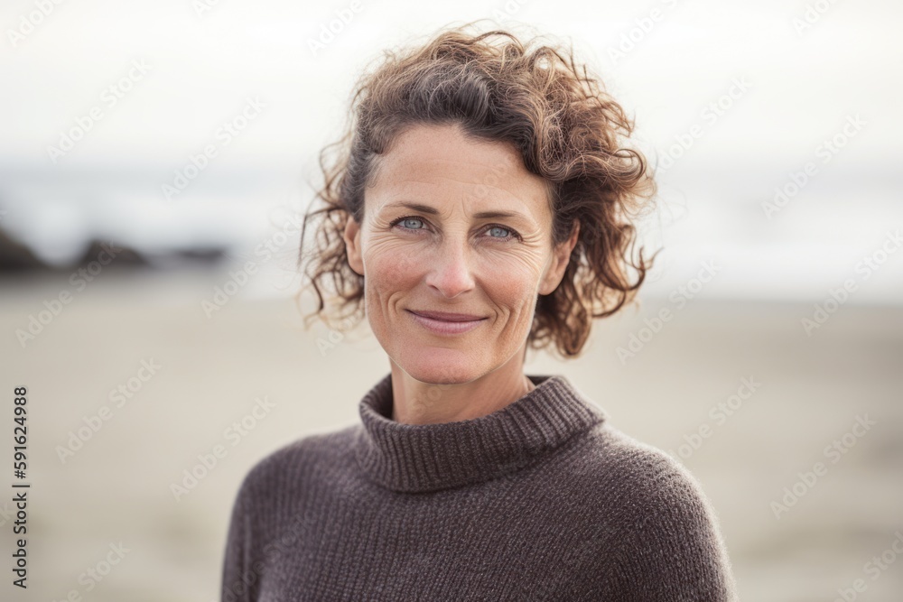 Portrait of smiling woman standing on the beach at the seaside Portrait of smiling woman standing on the beach at the seaside