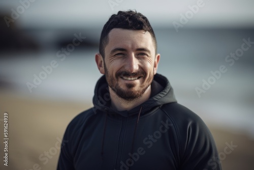 Portrait of a smiling young man standing on the beach by the sea