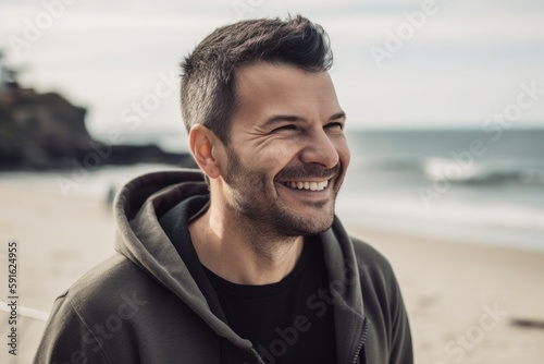 Portrait of a handsome young man laughing while standing on the beach