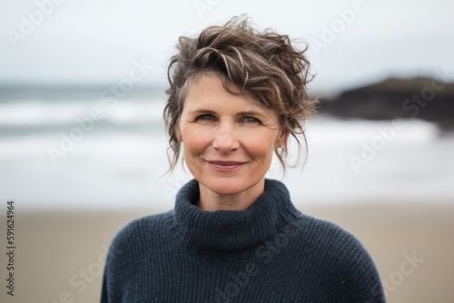 Portrait of smiling middle aged woman standing on beach at the beach