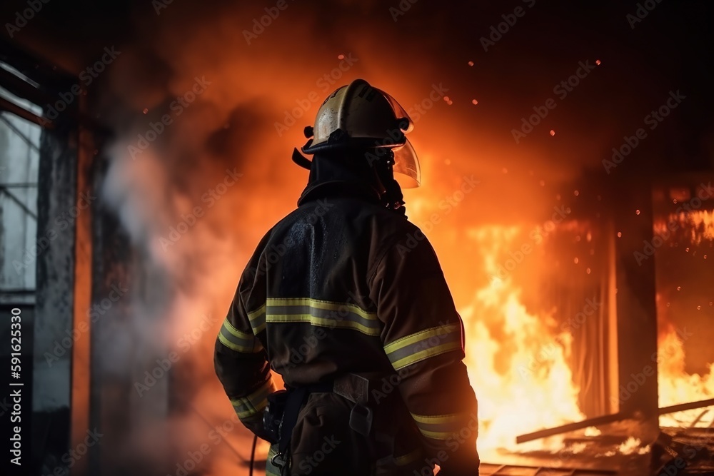 Firefighter works in burning building. Generative AI. Firefighter works in burning building. Generative AI.
