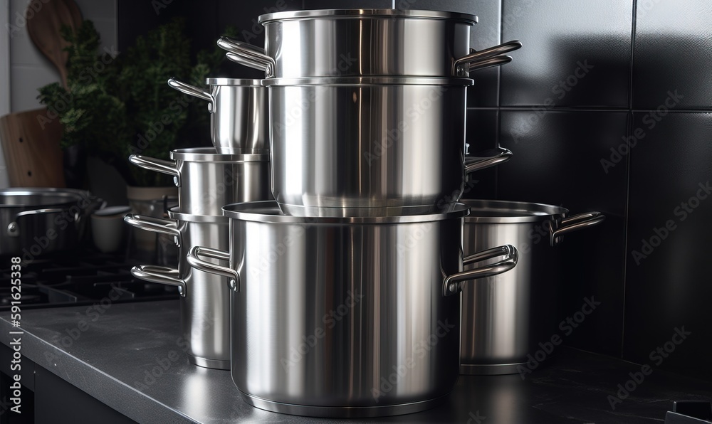 a stack of pots and pans sitting on a counter. generative ai a stack of pots and pans sitting on a counter. generative ai