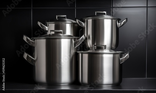  a group of pots and pans sitting on a counter.  generative ai