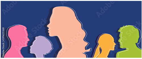 Group side silhouette men and women of different culture	