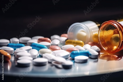 Medicine pills and tablets on top of a table. Generative AI.