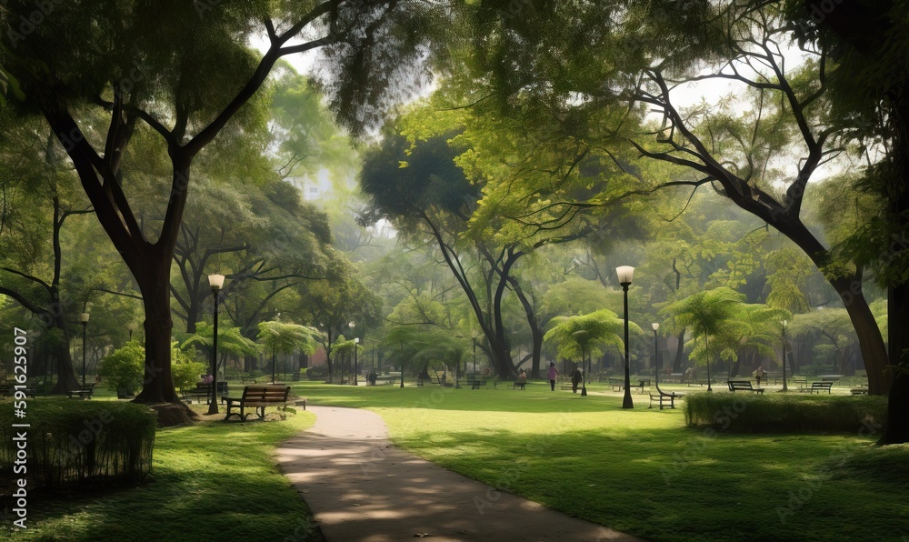  a park with benches and trees and a path leading to the park.  generative ai