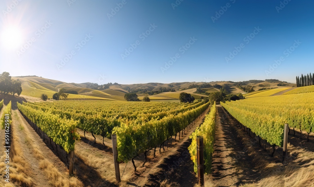  a vineyard in the middle of a field with trees and hills in the background.  generative ai