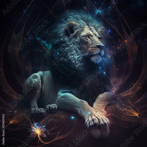 Powerful dark lion in fantasy space photo