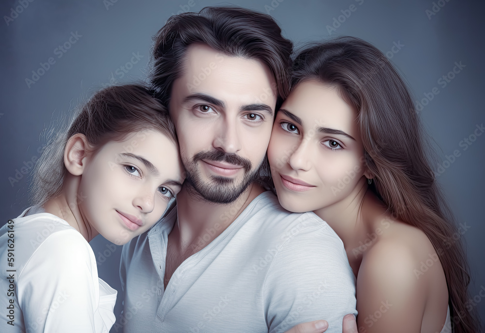A family posing with a smiling face, composition. Generative AI. A family posing with a smiling face, composition. Generative AI.