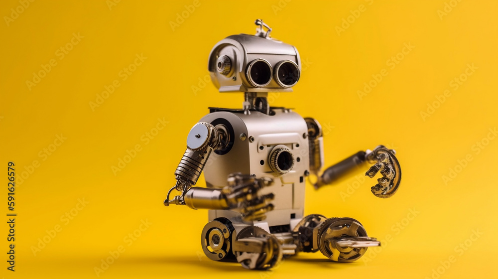 Friendly robot serviceman pliers hand wrench. Fixing maintenance concept. Creative design toy, cogs wheels gears silver metallic body. Yellow background. Copy space, Generative Ai Friendly robot serviceman pliers hand wrench. Fixing maintenance concept. Creative design toy, cogs wheels gears silver metallic body. Yellow background. Copy space, Generative Ai