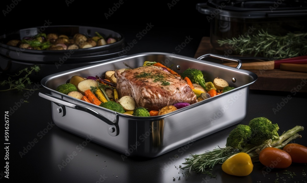 a roasting pan filled with meat, vegetables and potatoes. generative ai a roasting pan filled with meat, vegetables and potatoes. generative ai