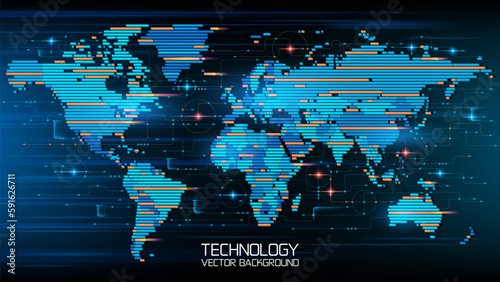 Blue abstract technological vector background. Geographic map. Planet Earth. The contours of the continents in the form of isometric strips. Global communication system and the Internet. Modern tech.