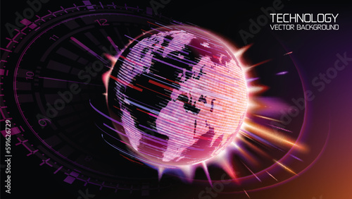 Abstract image of planet Earth. Vector. The effect of movement and explosion. Stars and planets. The contours of the continents. Modern technological image. Clock face. Time before the disaster.