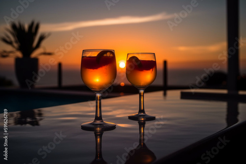 coctails with sunset and pool Generative AI photo