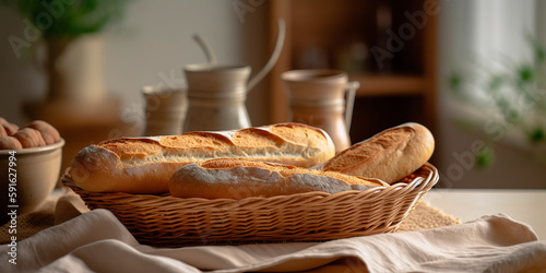 French baguettes in wicker basket