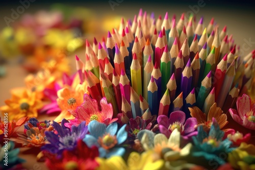 Color pencils with flowers. Colors of spring flowers. AI generated
