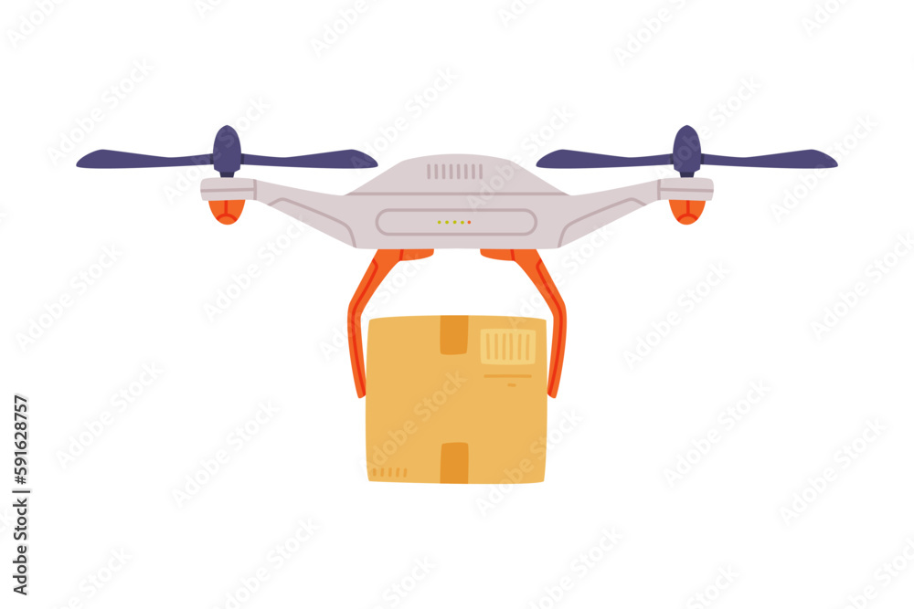 Drone Delivering Cardboard Parcel as Future Technology Device Vector Illustration