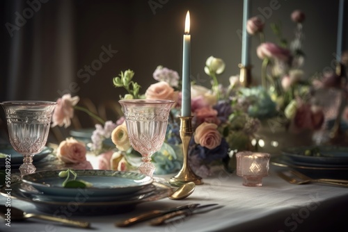A beautiful floral table arrangement. Pastel crockery and golden cutlery. AI generated