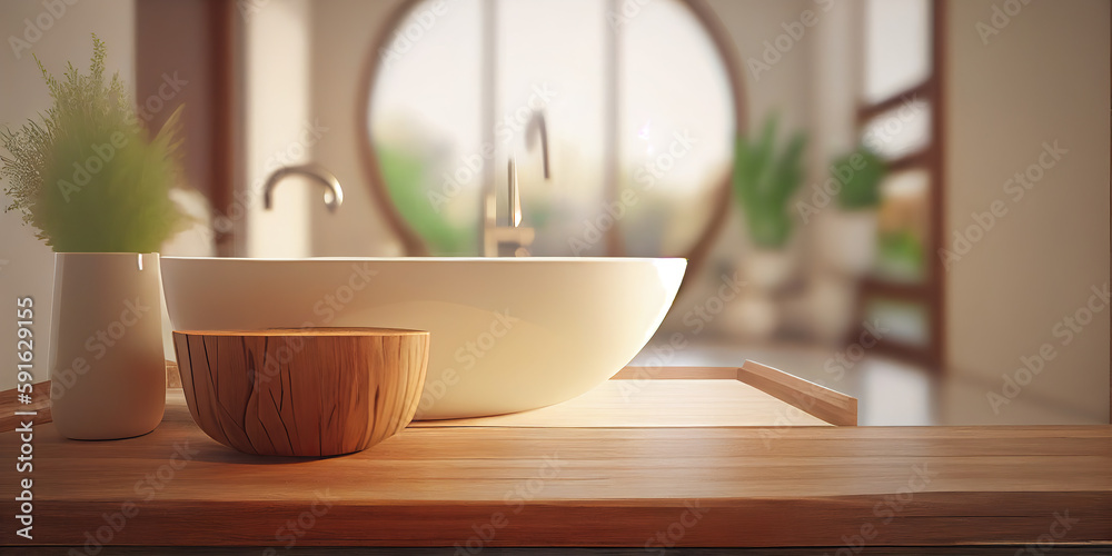 Empty wooden table top for product display with blurred bathroom interior background. Minimalist and clean bathroom interior design with bathtub. Generative AI Empty wooden table top for product display with blurred bathroom interior background. Minimalist and clean bathroom interior design with bathtub. Generative AI