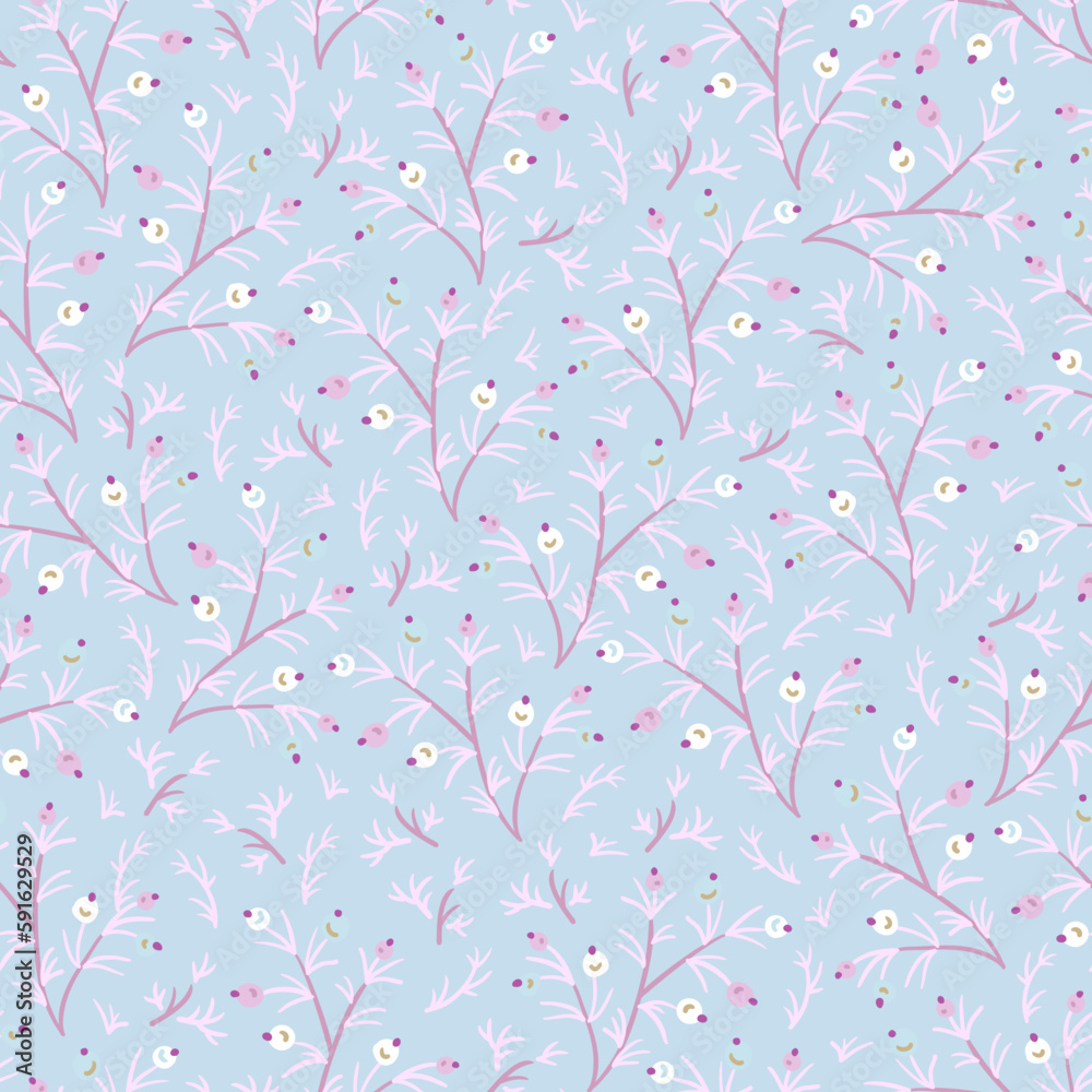 Ditsy fantasy flowers seamless pattern, folk floral texture