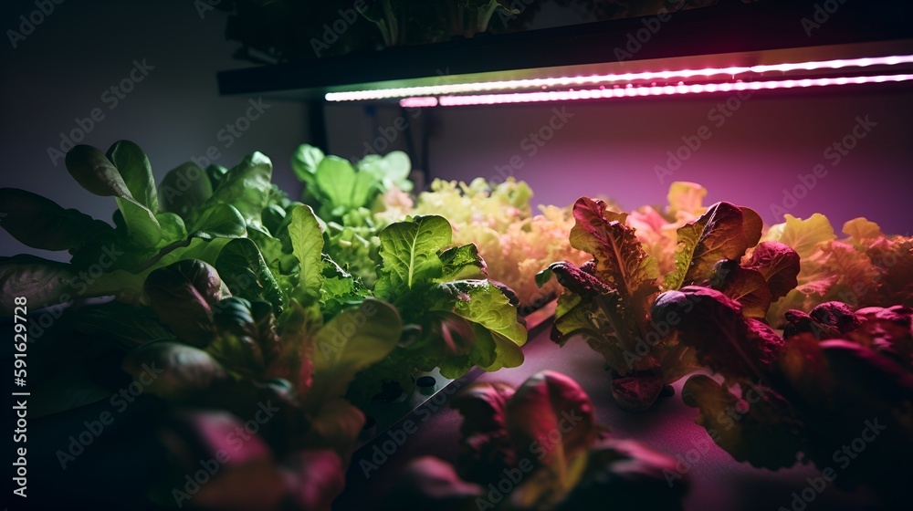 Plants growing under neon led lights. concept of indoor farming without