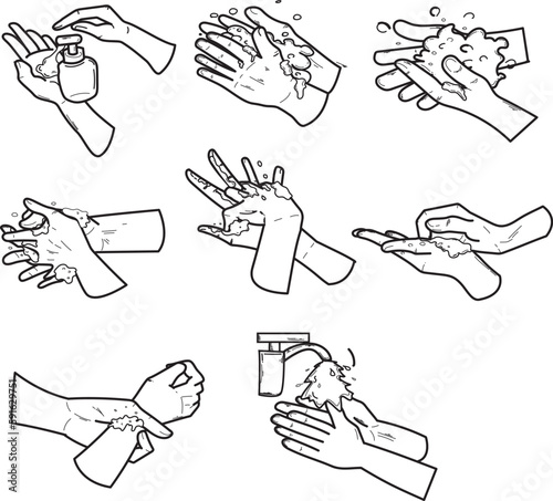 Handwashing How to wash your hands . Hands soaping and rinsing. Hands washing medical instructions.illustration set collection