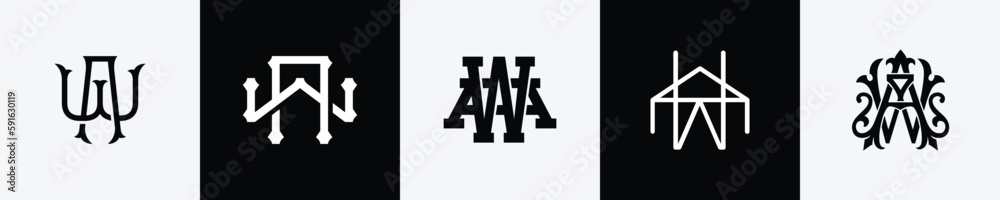 Initial letters AW Monogram Logo Design Bundle