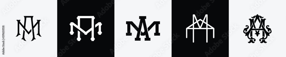 Initial letters AM Monogram Logo Design Bundle - obrazy, fototapety, plakaty 