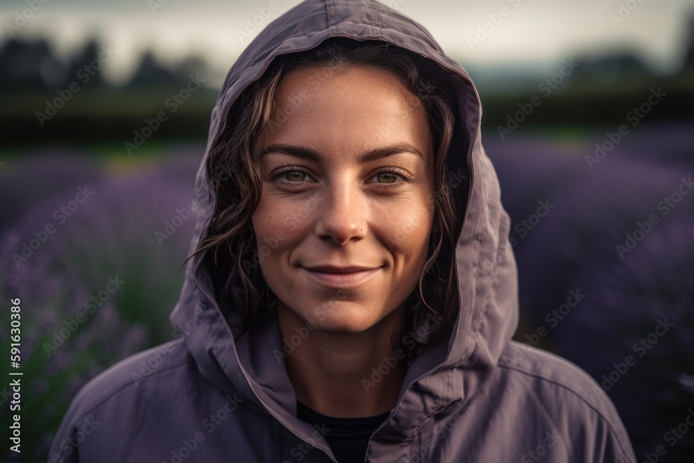 Portrait of a smiling young woman standing in a lavender field Portrait of a smiling young woman standing in a lavender field
