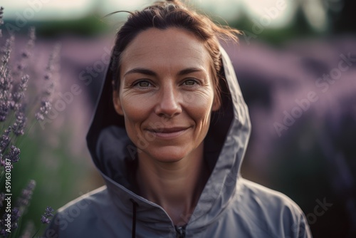 Close-up portrait photography of a grinning woman in her 30s wearing a comfortable tracksuit against a lavender field or flower farm background. Generative AI