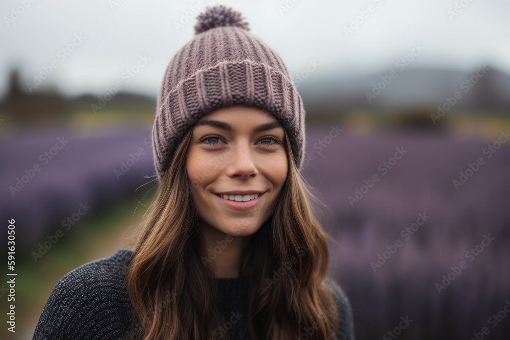 Portrait of smiling woman in lavender field on a rainy day