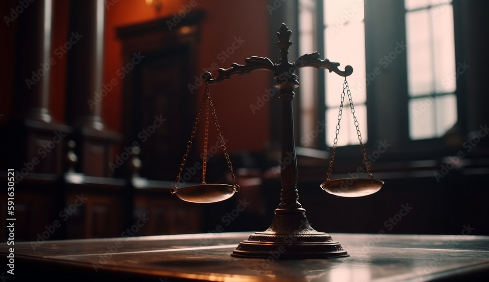 Scales of Justice as a principle of the legal concept of justice, jurisprudence and justice on the background of the court hall. Based on Generative Ai.