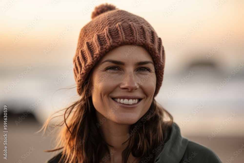 Portrait of smiling woman in hat looking at camera on beach at sunset Portrait of smiling woman in hat looking at camera on beach at sunset