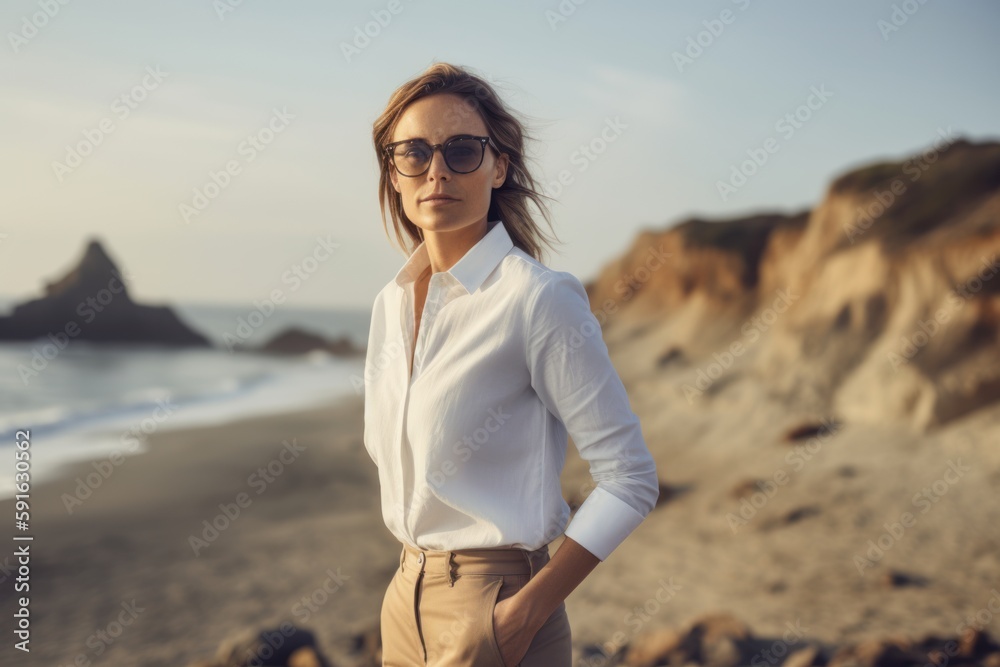 Lifestyle portrait photography of a pleased woman in her 30s wearing a smart pair of trousers against a summer landscape or beach background. Generative AI Lifestyle portrait photography of a pleased woman in her 30s wearing a smart pair of trousers against a summer landscape or beach background. Generative AI